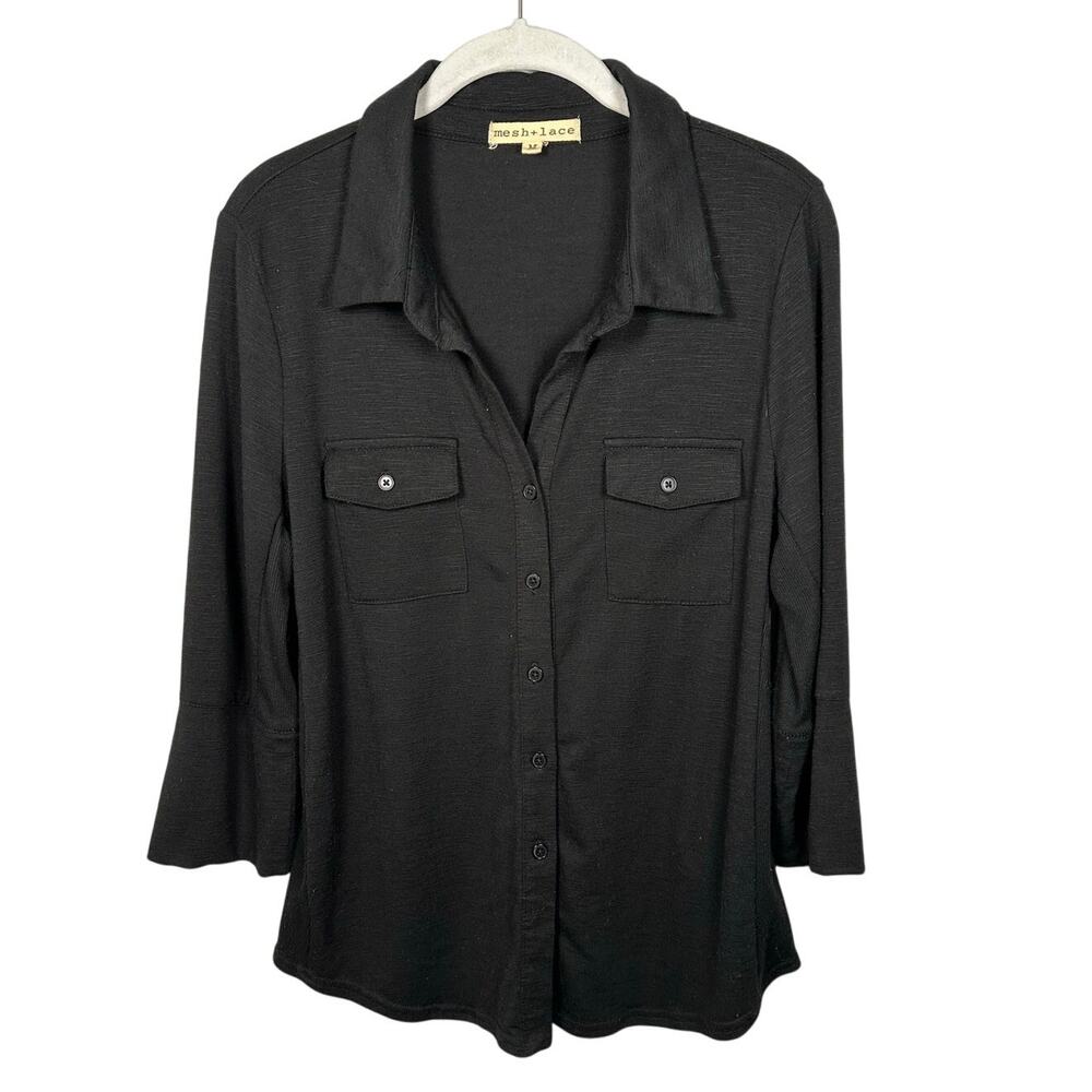 Mesh + Lace Black 3/4 Sleeve Button Down Shirt Women's Medium